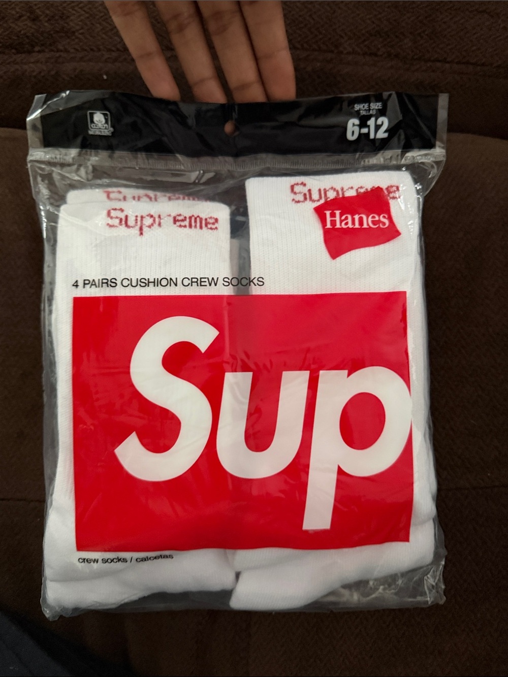Hanes White Crew Socks with Red Supreme Logo - 4 Pairs